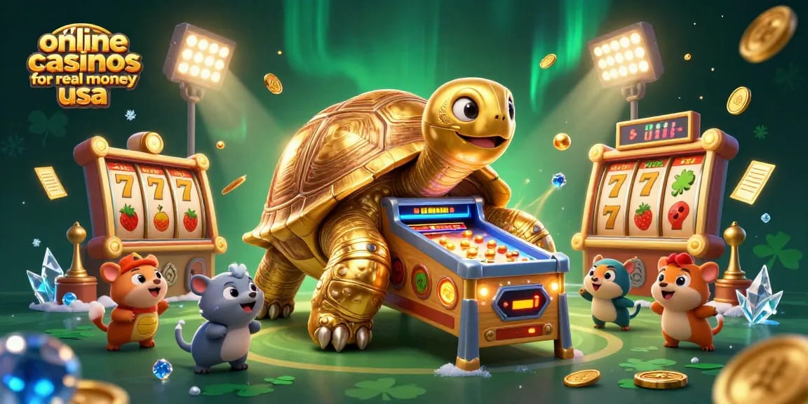 Engage with the vibrant world of online casinos for real money usa featuring a dynamic golden tortoise and slot machine elements.