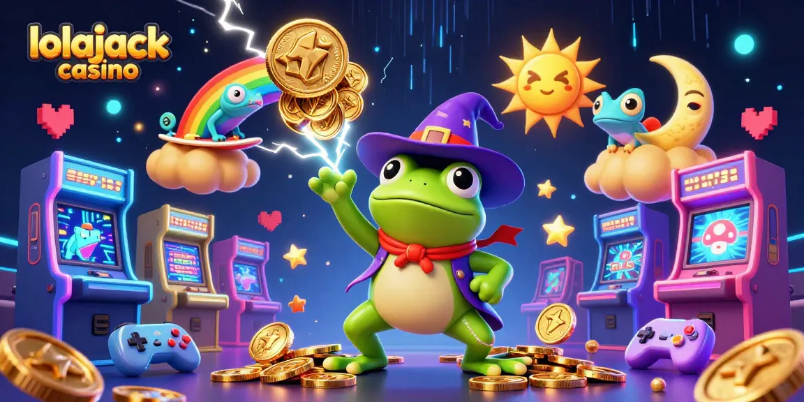 Engaging gameplay at lolajack casino with cartoon characters amid a gold coin storm and arcade elements