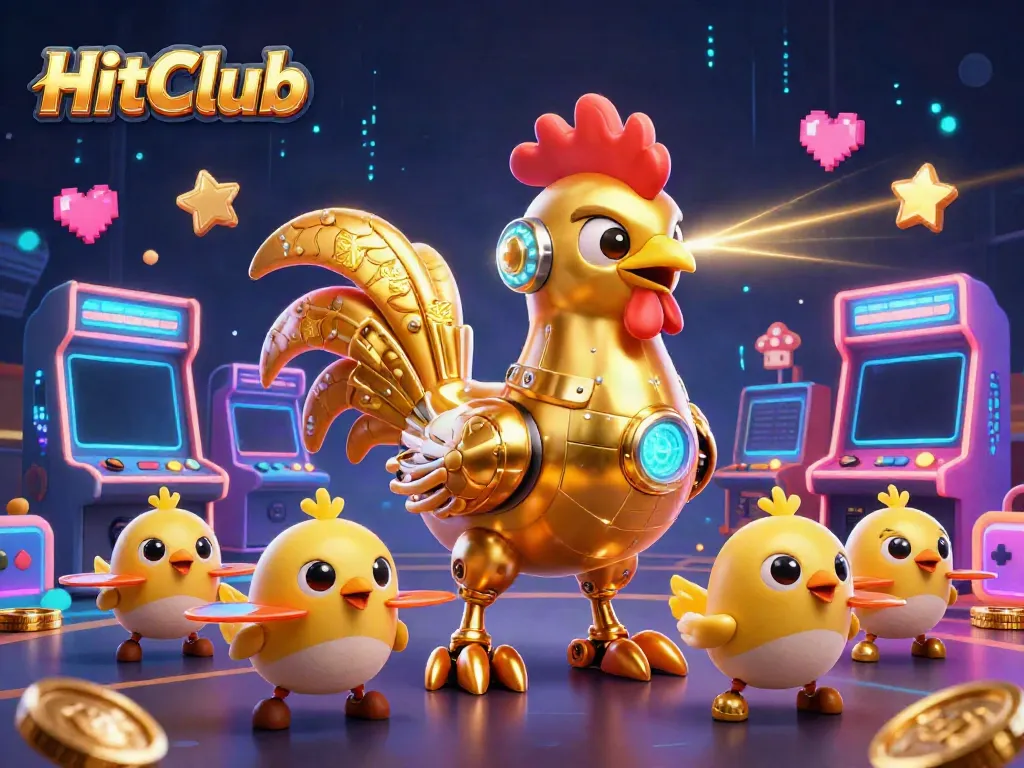 Engage with the dynamic HitClub gaming scene featuring a golden rooster robot amidst arcade machines and vibrant elements.