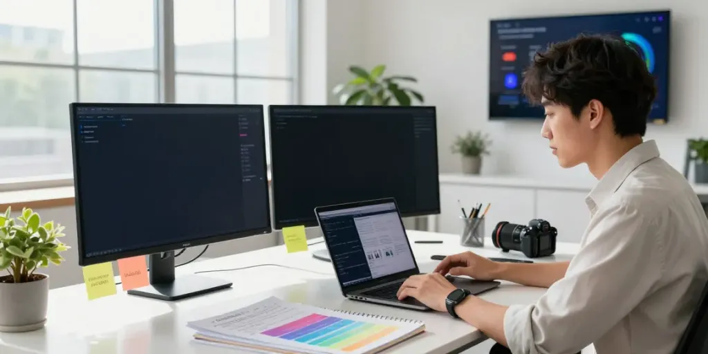 Check if ChatGPT mentions my brand in a vibrant office with a marketing professional analyzing data.