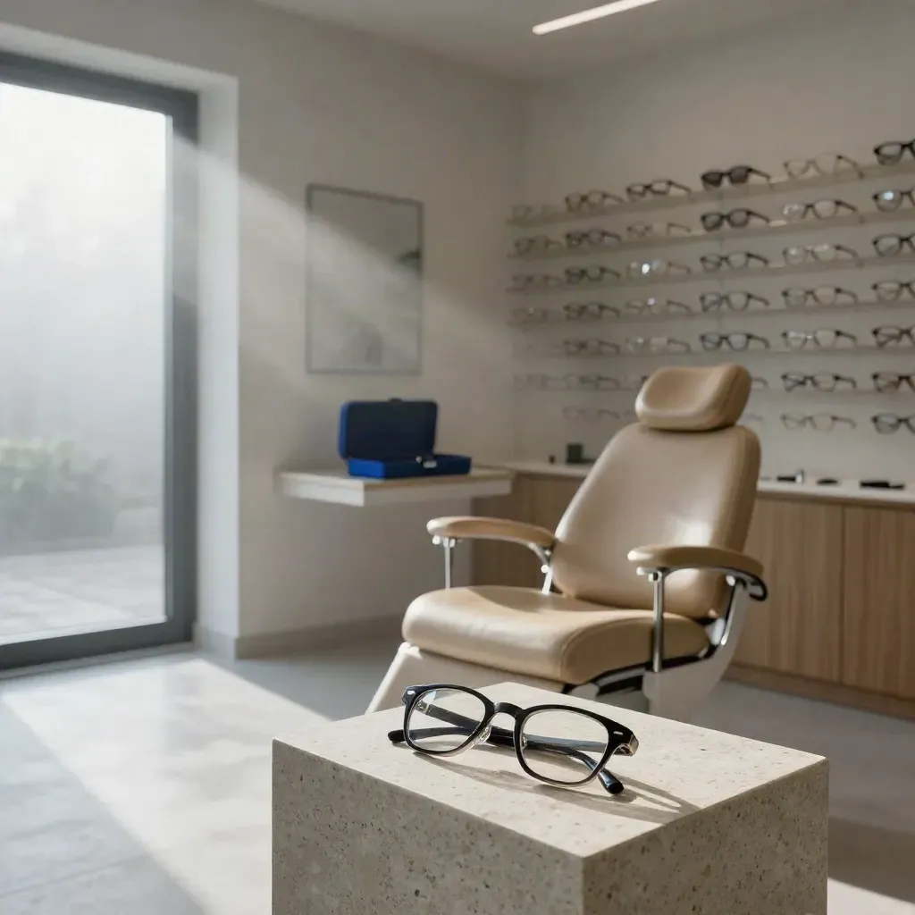 Optiekkliniek met oogmeetstoel, brillenwand en bril op stenen sokkel in mistig ochtendlicht.