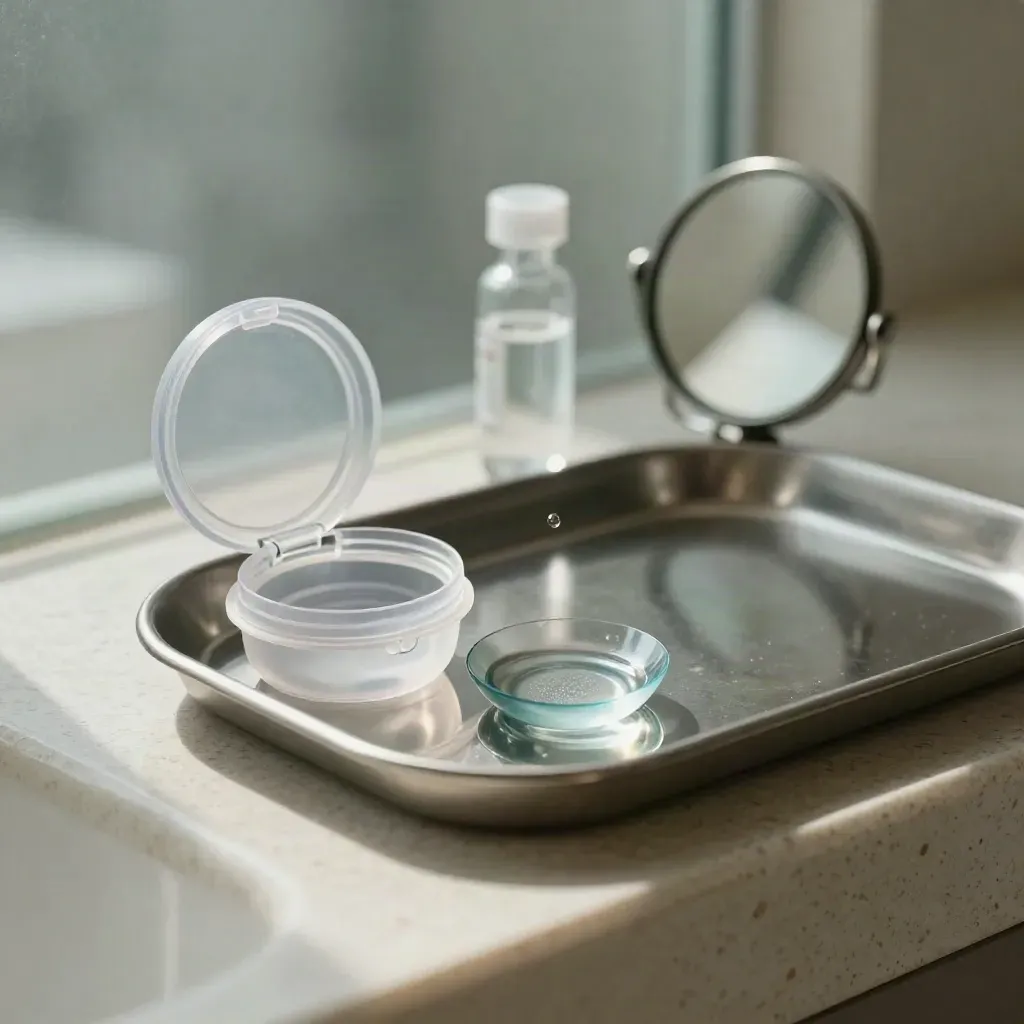 Contactlens op stalen tray naast lenshouder, spiegel en zoutoplossing in zacht klinisch licht.