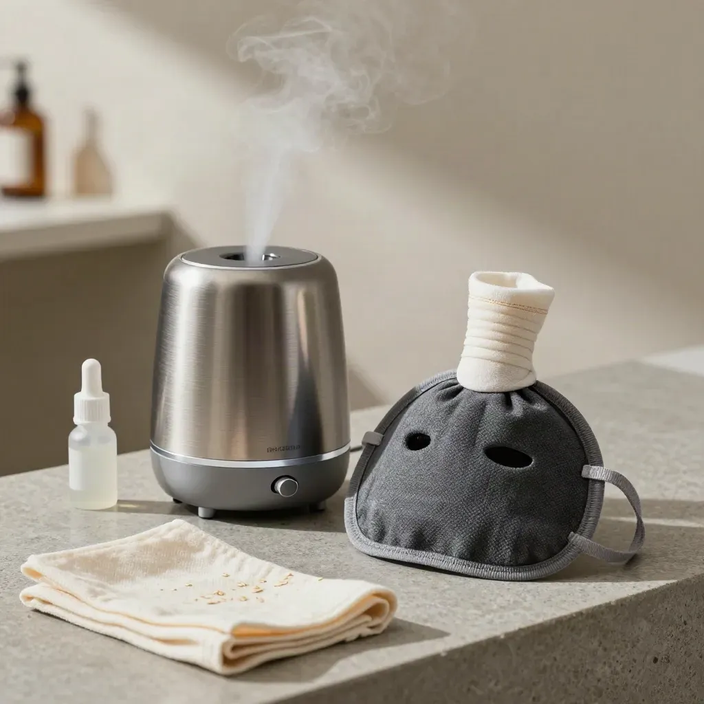 Bevochtiger, warmtemasker, oogdruppelfles en doek op steen met zachte mist.