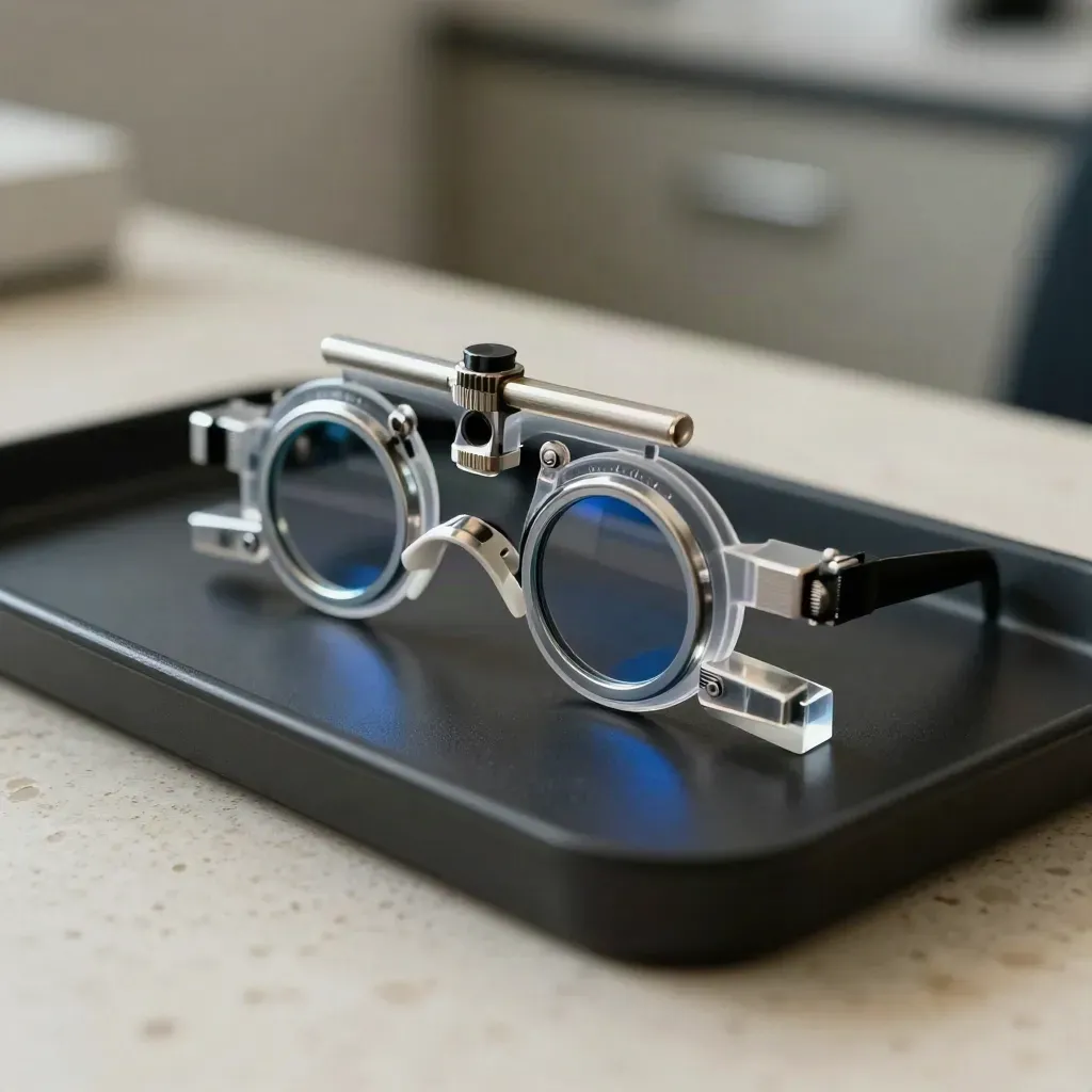 Ophthalmoscoop, proefbril en prisma op een zwarte tray in een oogzorgkliniek.