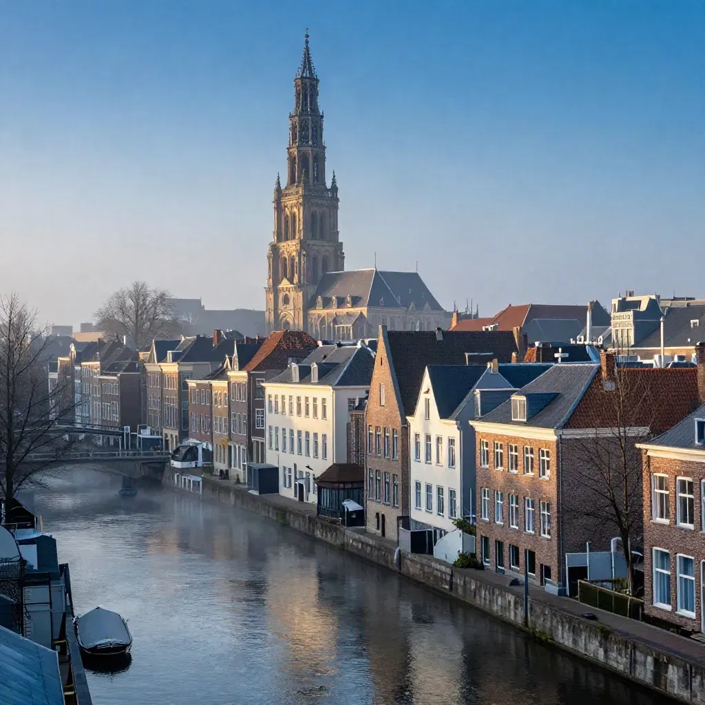 Utrecht bij blauwe dageraad met de Domtoren hoog boven mistige grachten en daken.