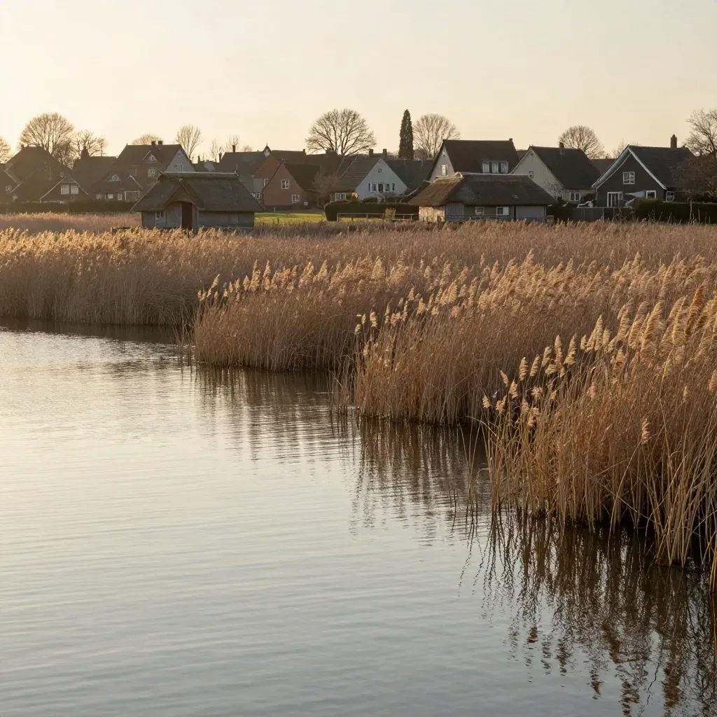 Rustig Gooi en Vecht-landschap met riet, stil water en lage rieten silhouetten in avondlicht.