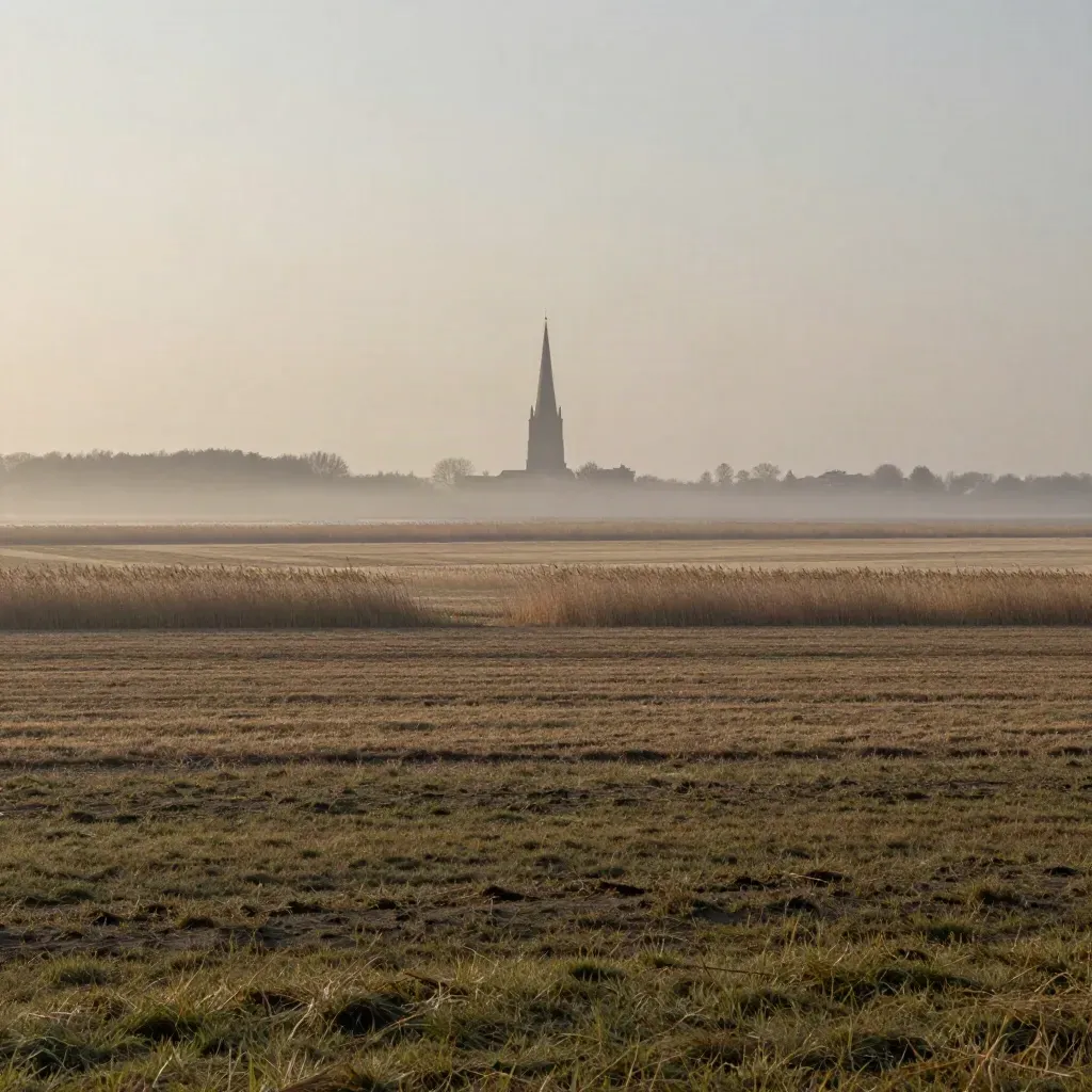 Mistroze polder van Eemland met verre kerktoren en zachte veldstrepen in avondlicht.