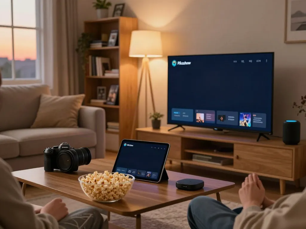 Cozy living room scene using Pikashow old version for streaming movies.