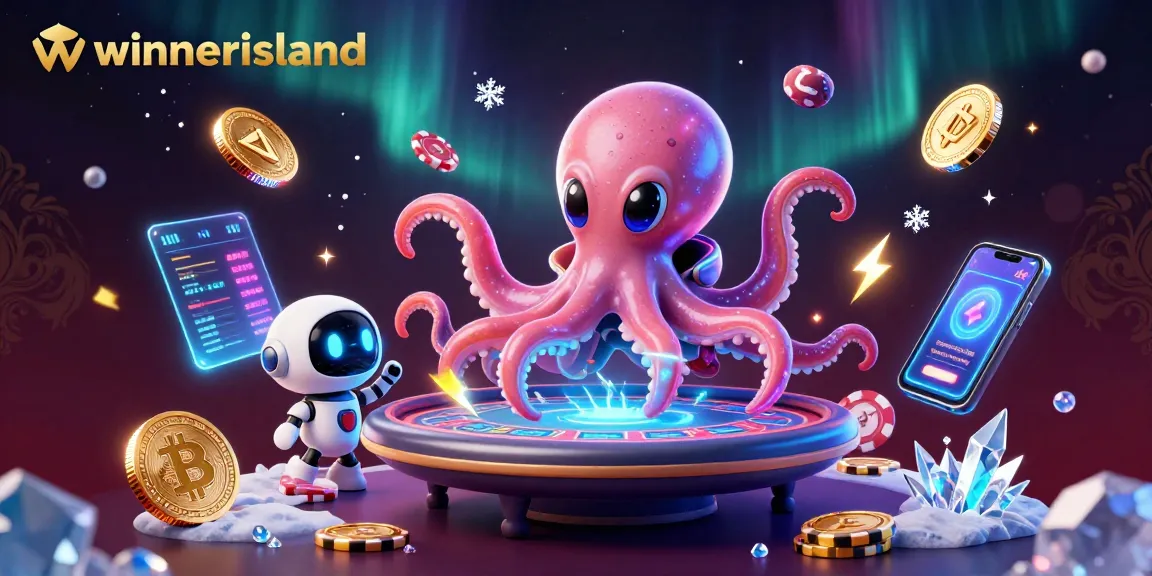Experience the thrill of winnerisland with a vibrant 3D illustration featuring an alien octopus at a poker table.