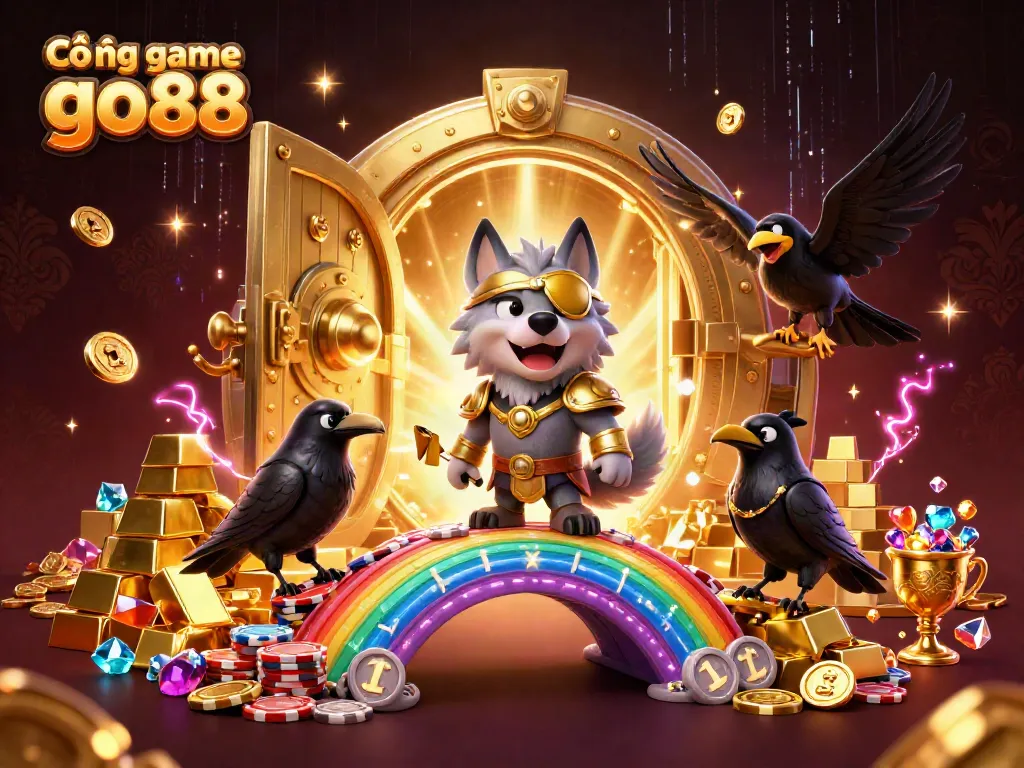 Cổng game go88 showcases a vibrant 3D illustration featuring Odin and ravens amidst casino treasures.